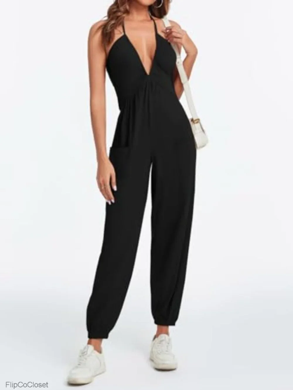 Women's Sexy Halter Jumpsuit Deep V Neck Casual Summer Romper Sleeveless